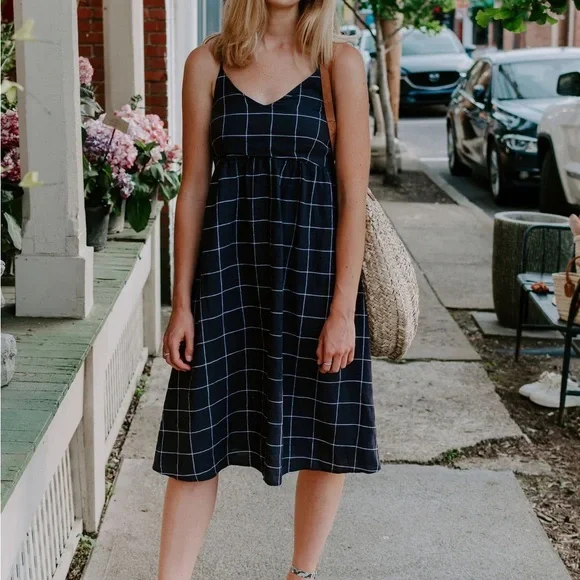 Cynthia Rowley Linen Strappy Windowpane Plaid Charcoal Gray Sundress Women Sz 8 - Picture 4 of 4